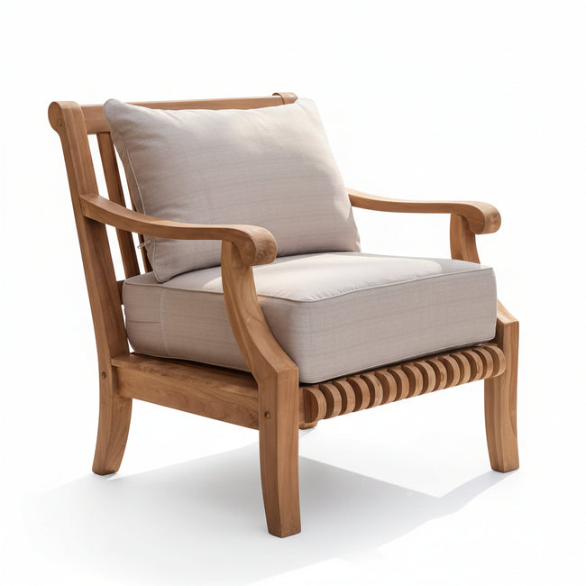 Mosko Premium Indonesia Teak Wood Outdoor Lounge Chair with Beige Cushion