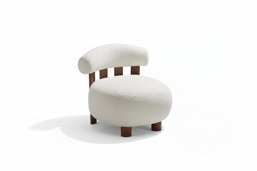 Amelia off White and Walnut Boucle Fabric Upholstered Accent Slipper Chair, Solid Wood