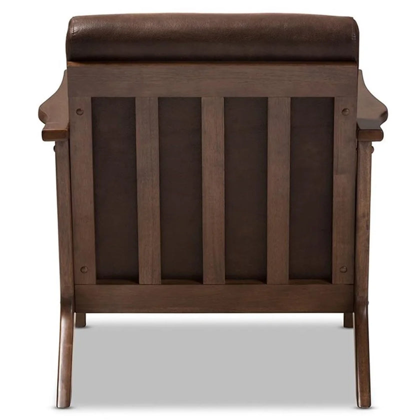 Baxton Studio Bianca Mid-Century Modern Walnut Wood Dark Brown Distressed Faux Leather Lounge Chair