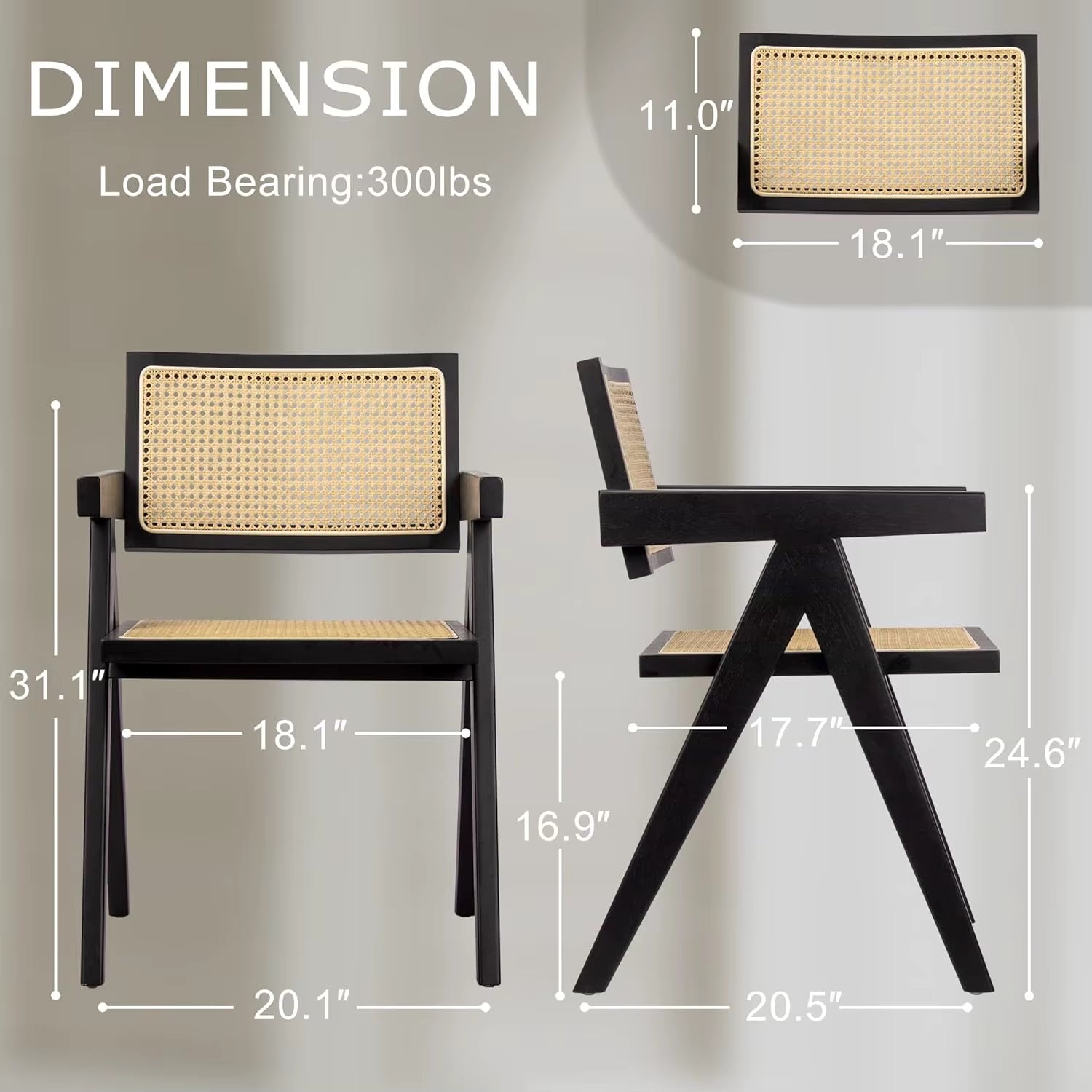 Cane Dining Chairs Set of 4, Rattan Kitchen Chairs Black for Dining Room with Armrest, Customized