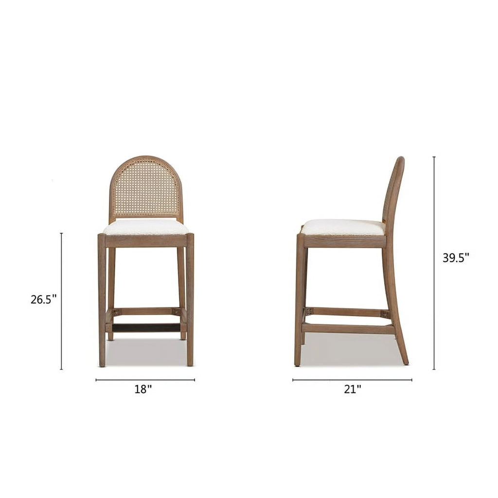 Panama 26.5" Curved Back Cane Rattan Set of 2 Counter Height Bar Stools in Ivory White Boucle