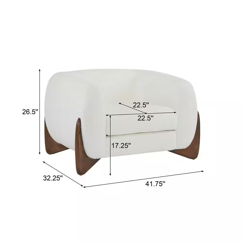Irlas Modern Upholstered Boucle Club Chair, Birch Wood, White plus Walnut