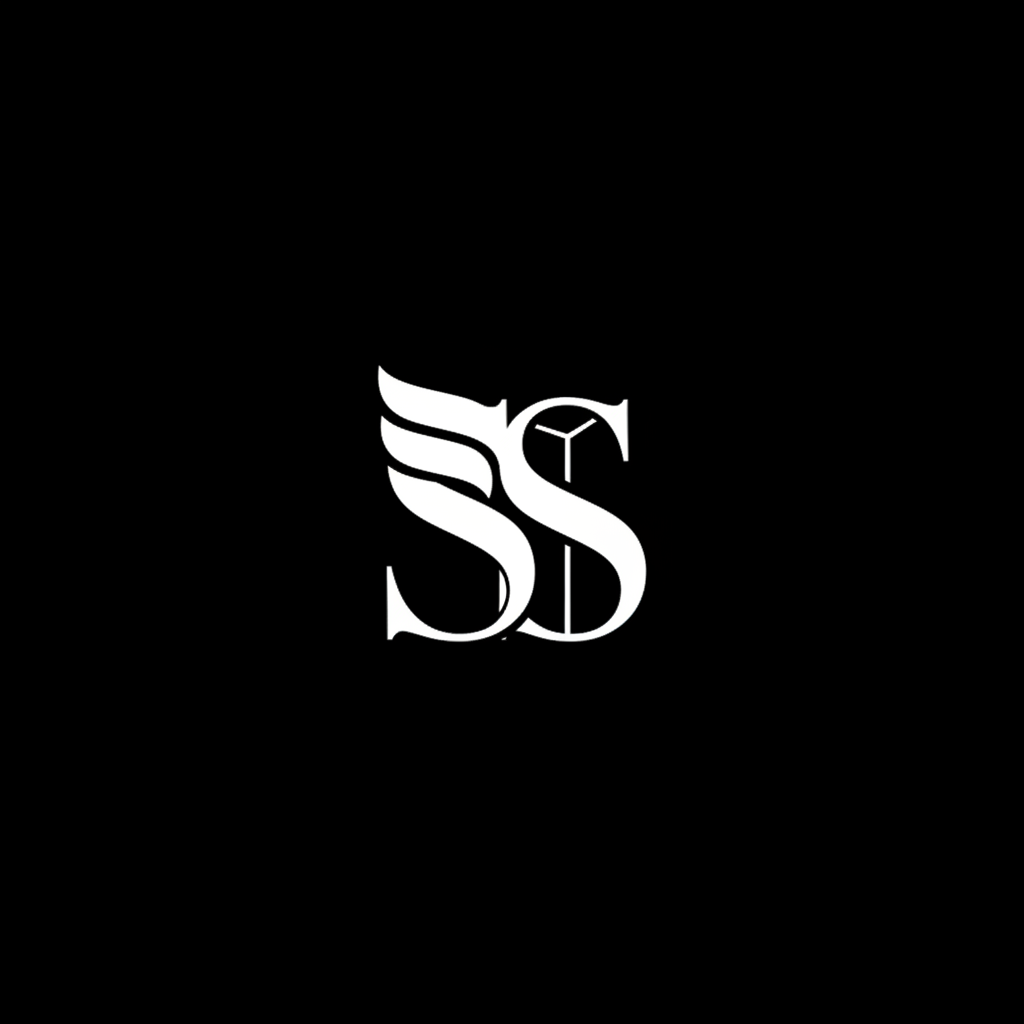 A minimalist logo featuring two letters [insert your initials], clean sans-serif font, monochrome design, solid black color (#000000), simple and modern, professional branding, black background and white text