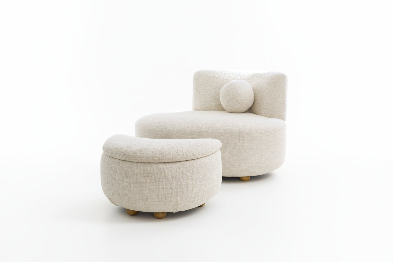 Juliet Modern Boucle Chaise & Storage Ottoman, Pearl