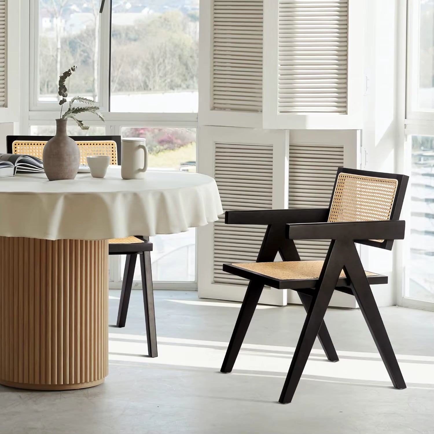 Cane Dining Chairs Set of 4, Rattan Kitchen Chairs Black for Dining Room with Armrest, Customized