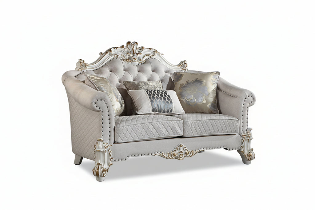 89" Vendome II Sofa: Traditional Off-White Upholstered with Tufted Nailhead Trim, Antique Finish, 3 Accent Pillows