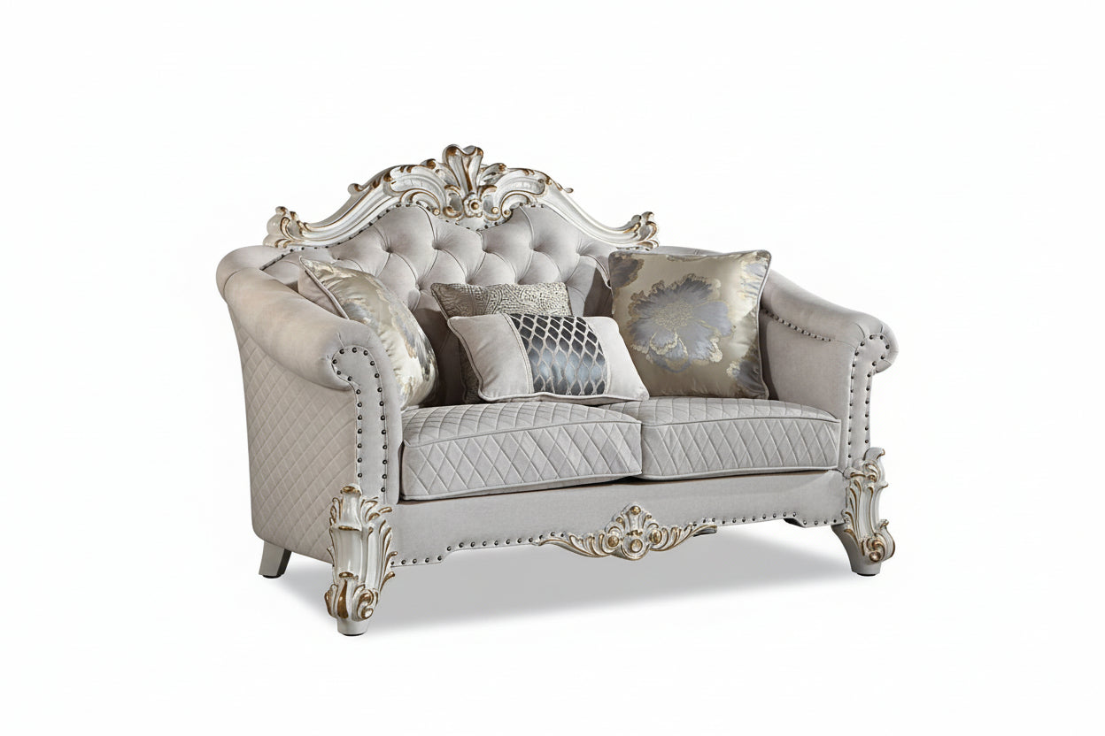 89" Vendome II Sofa: Traditional Off-White Upholstered with Tufted Nailhead Trim, Antique Finish, 3 Accent Pillows