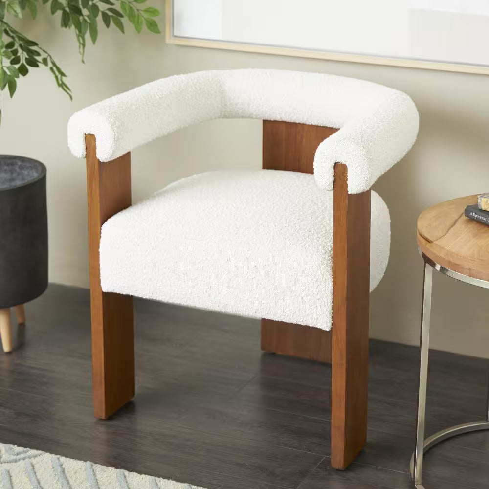 Celina Cream Polyester Curved Back Mid Century Modern round Boucle Accent Chair with Brown Wood Frame