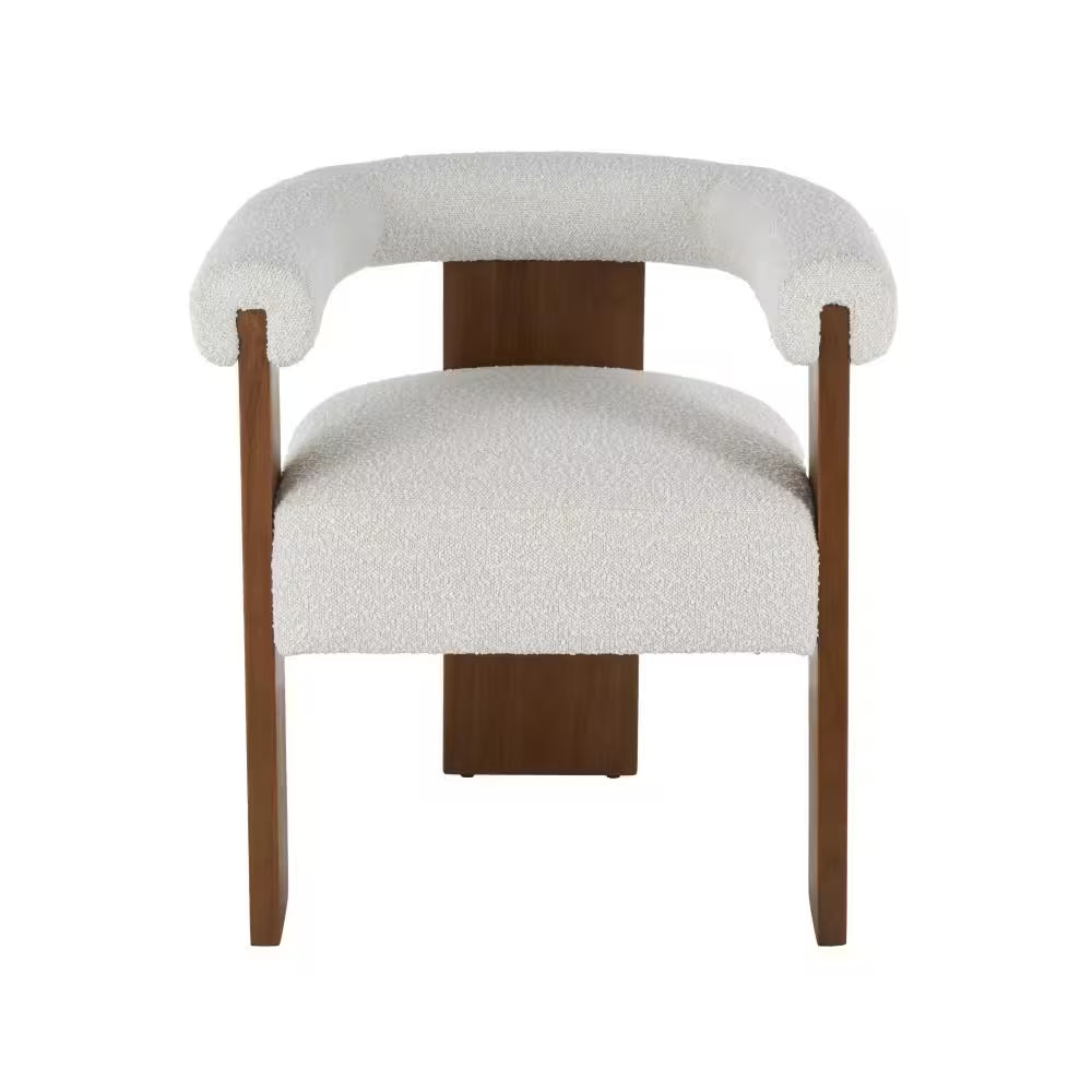 Celina Cream Polyester Curved Back Mid Century Modern round Boucle Accent Chair with Brown Wood Frame