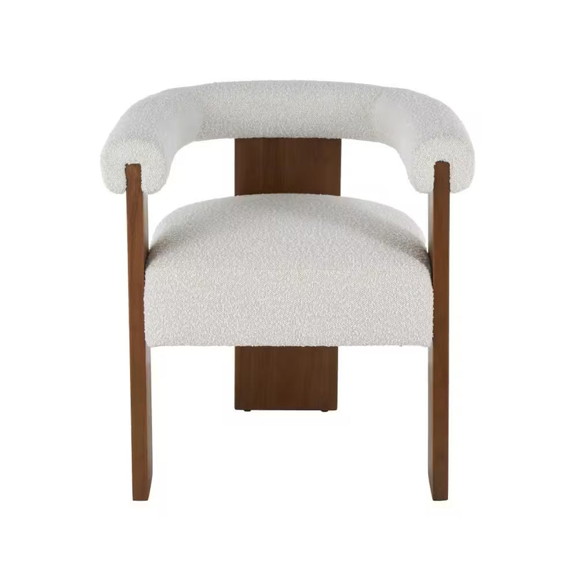 Celina Cream Polyester Curved Back Mid Century Modern round Boucle Accent Chair with Brown Wood Frame